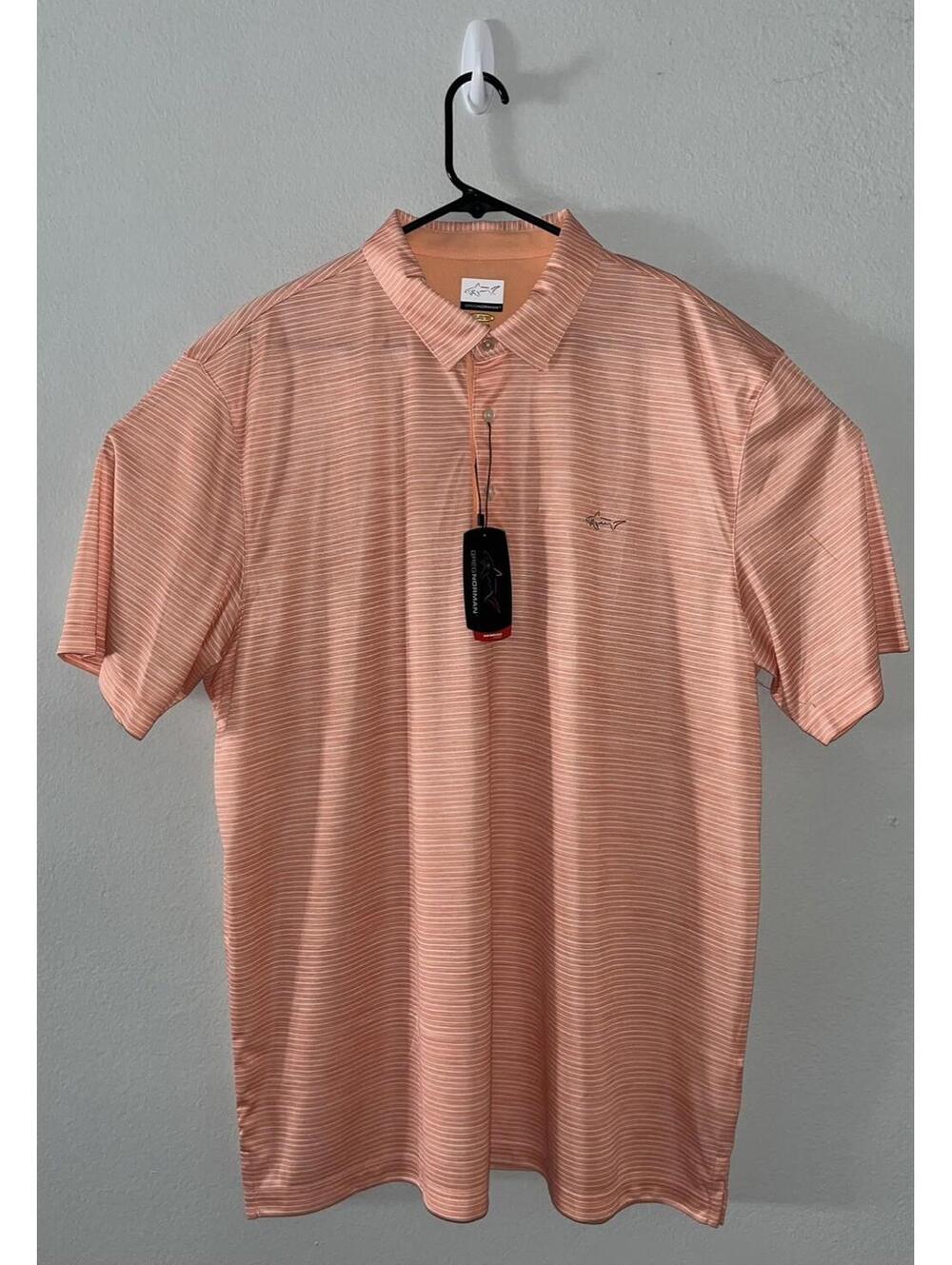 NWT Greg Norman Golf Polo Size XXL Shark Print Orange Striped Moisture Wicking